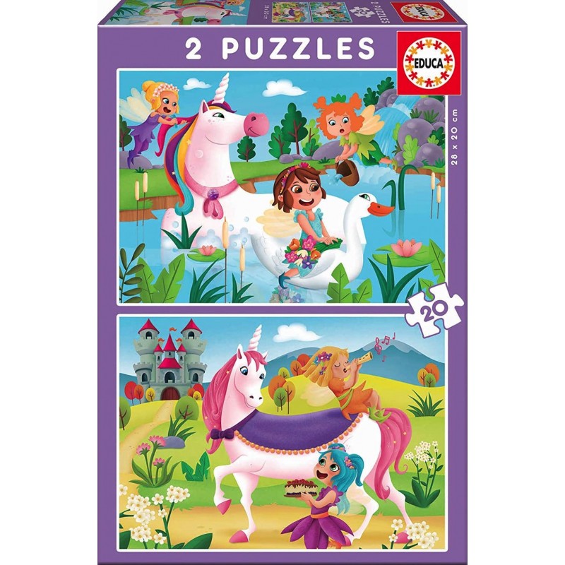 2 Puzzles 20 pièces - Licornes et fées